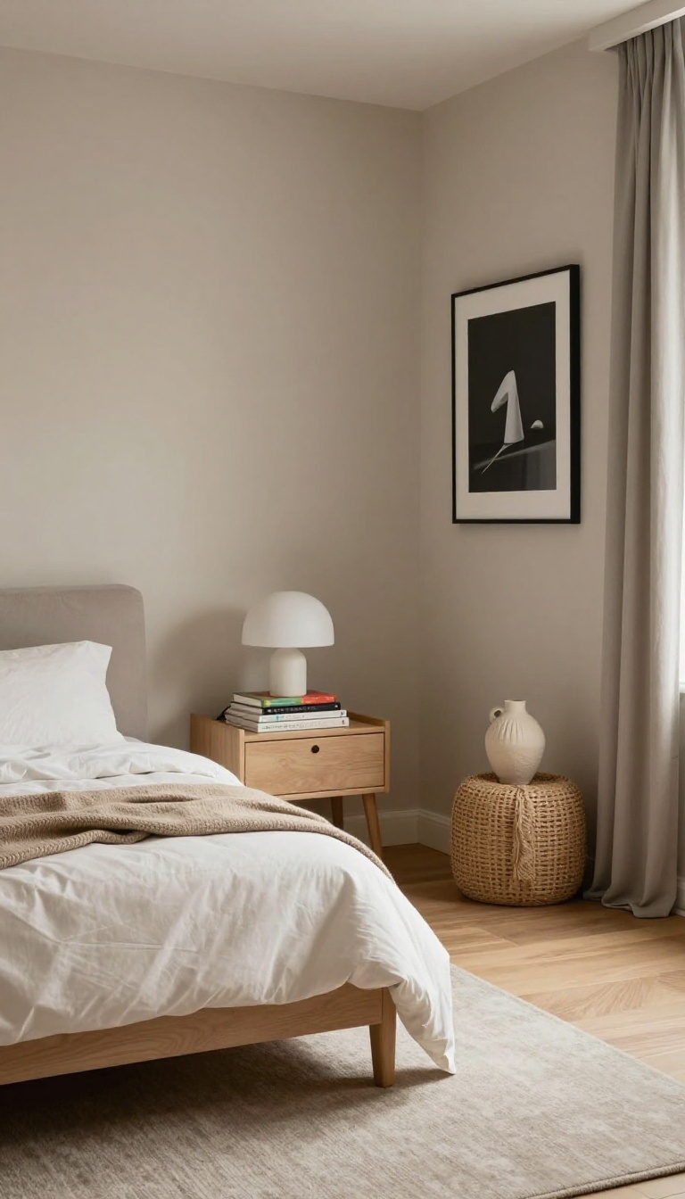 Small couple's bedroom with a neutral white and beige base, one nightstand with colorful art books and a bold lamp, the other with black-and-white photo gallery wall and a textured vase