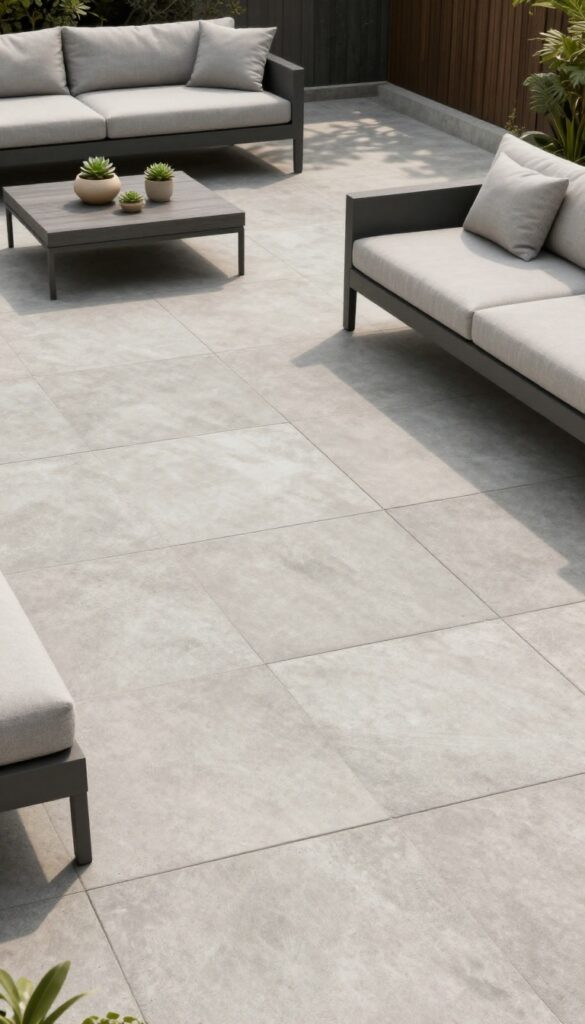 Modern minimalist patio with large-format pavers, low-profile furniture, and potted succulents in bright natural light.