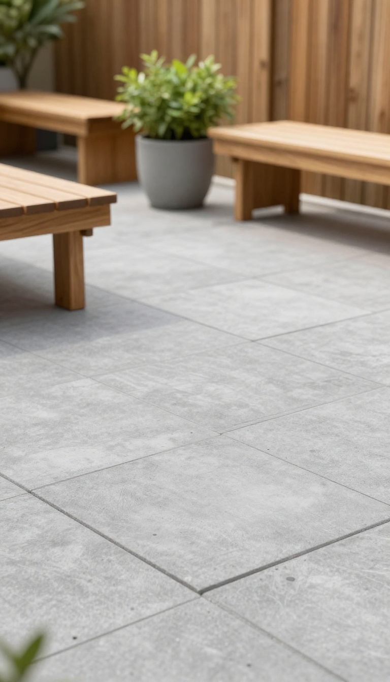 Modern concrete paver patio with herringbone pattern, wooden bench, and potted plant in a sunny backyard