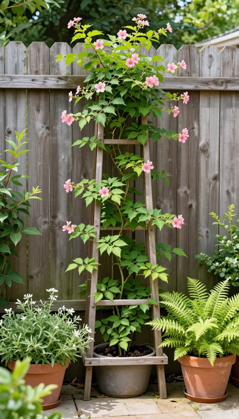 Wooden trellis covered in climbing vines and flowers in a sunny backyard garden