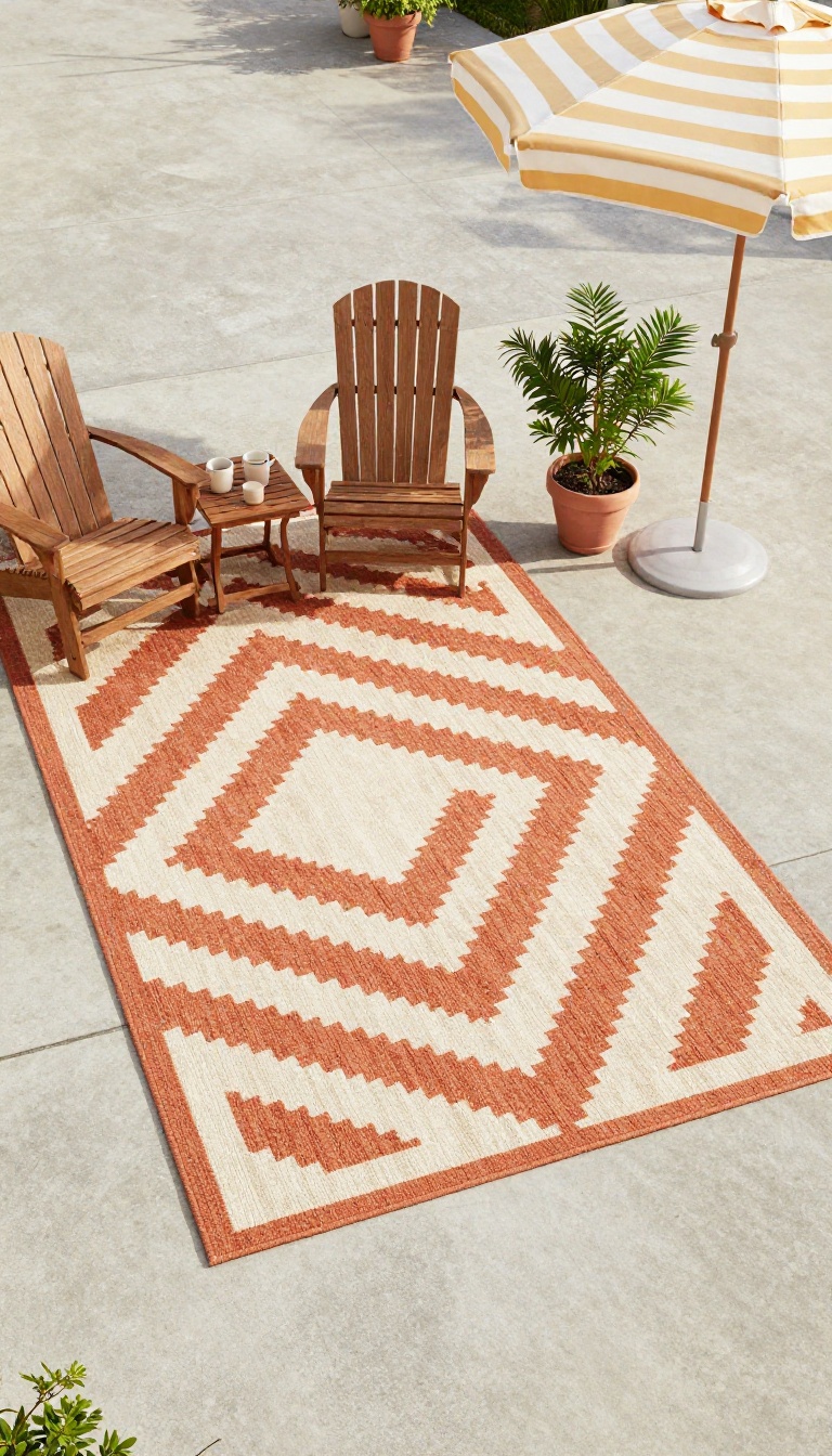 A patterned outdoor rug defining a cozy seating area on a plain concrete patio with chairs, a small table, and potted plants in bright natural light