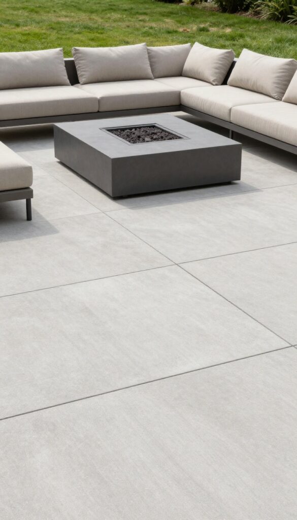 Modern concrete paver patio with a clean grid pattern, large square pavers, and a minimalist fire pit in a bright backyard.