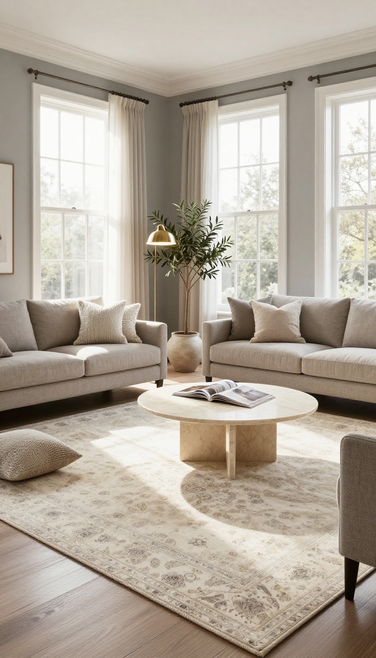 Luxurious living room with a large plush neutral area rug anchoring a sofa and coffee table in bright natural light