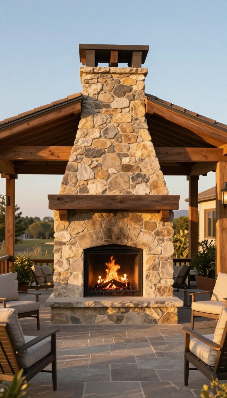 Covered patio with a tall stone chimney extending above the roof, fireplace warmth and architectural interest.