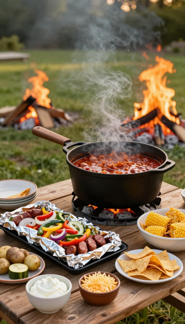 Cast-iron pot of chili simmering over bonfire coals beside a table of foil packets and toppings for a backyard fire-cooked dinner