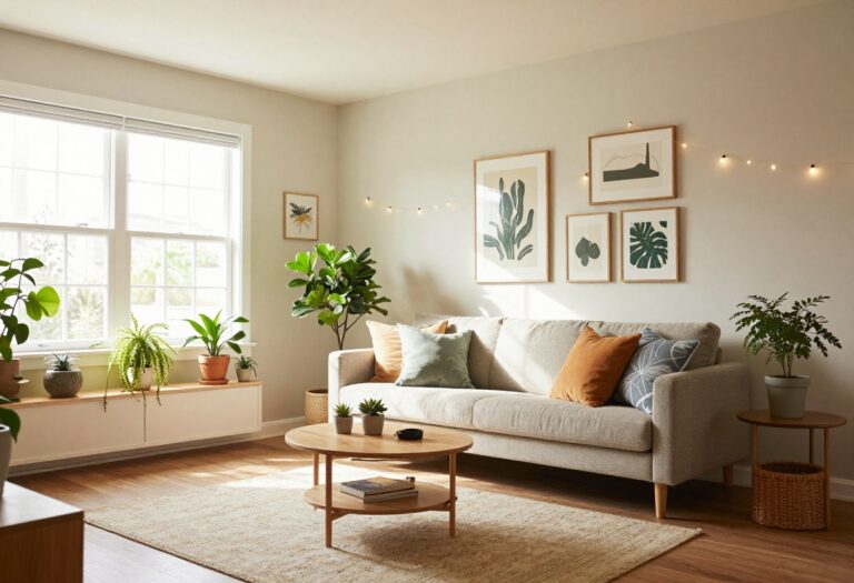 College living room decorated with cozy furniture, plants, and string lights