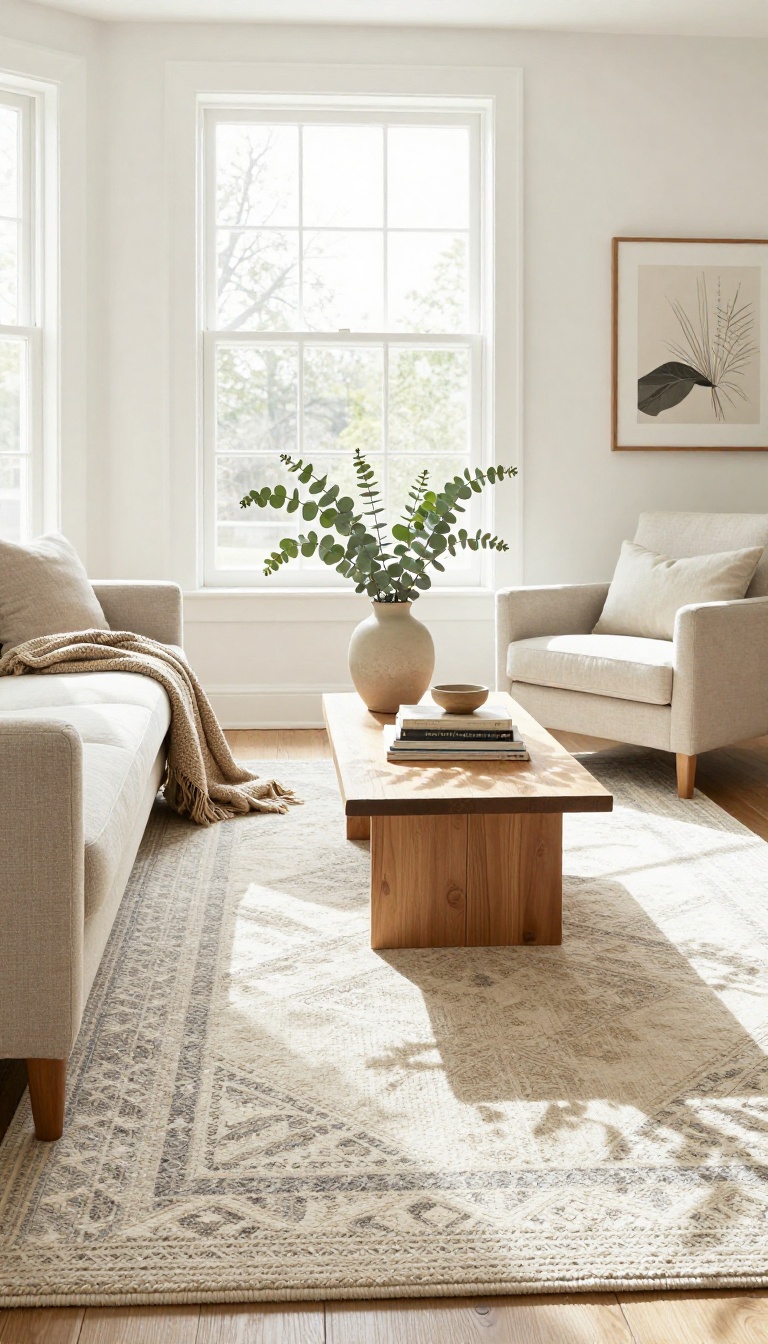 Bright living room with a large patterned area rug anchoring a neutral sofa and armchairs in natural light