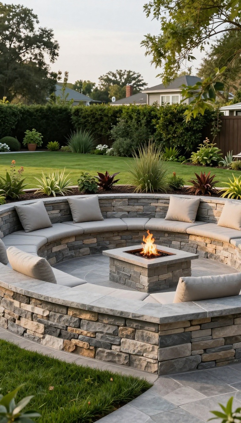 Backyard paver patio with a curved built-in stone seating wall and cozy lounge area under bright natural light