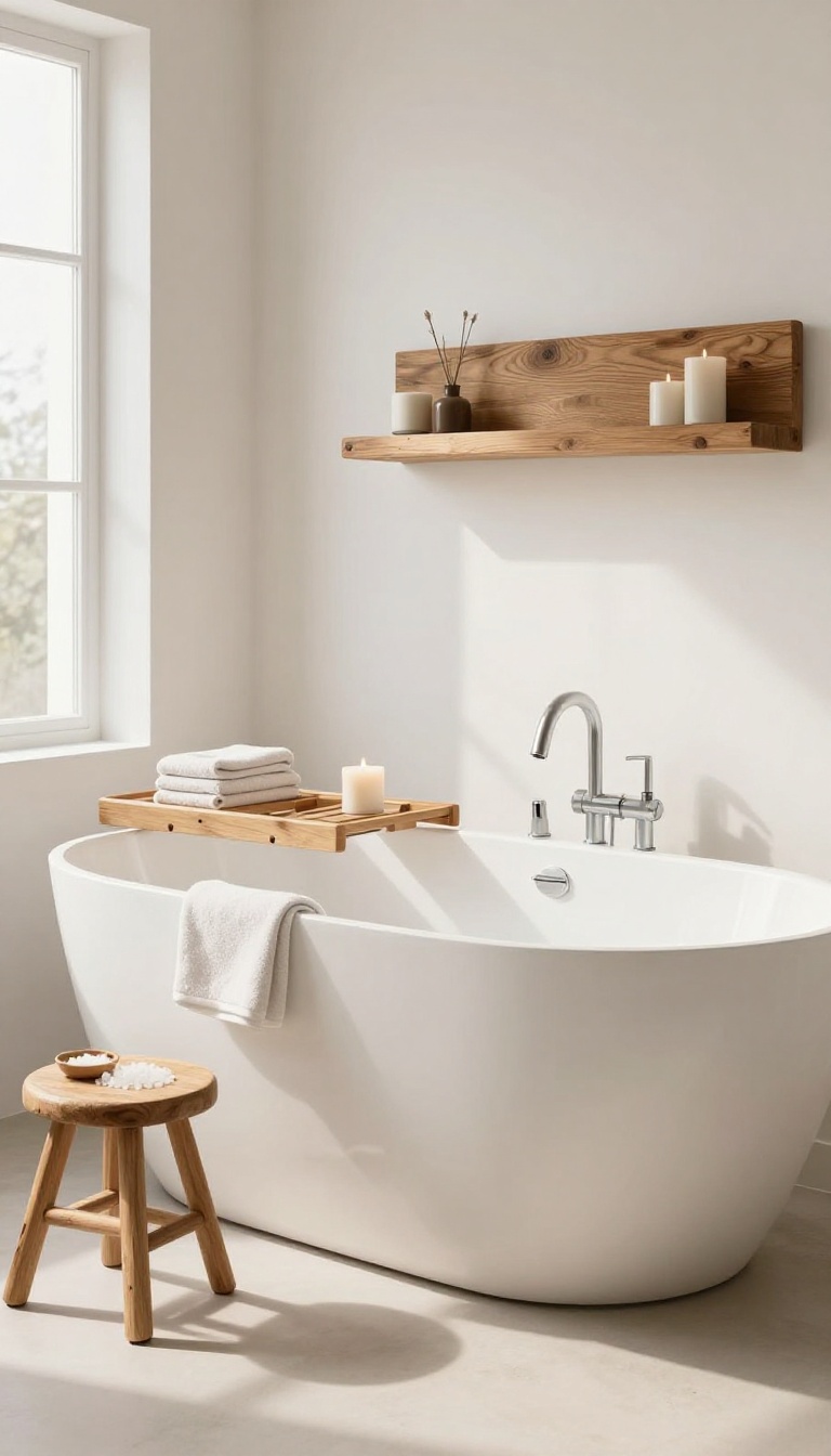 Modern rustic bathroom with a white freestanding acrylic tub, teak bath caddy, and wooden stool in bright natural light