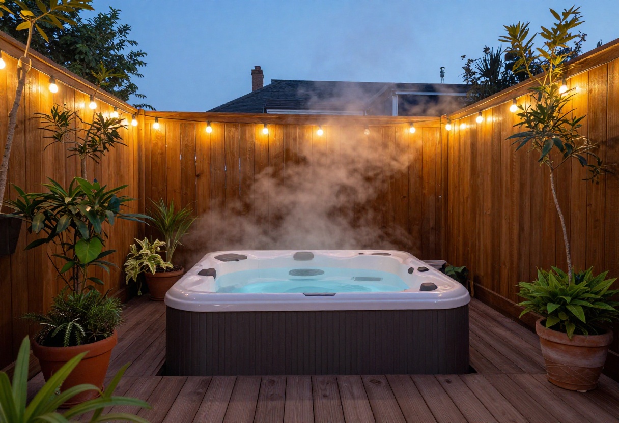 Small hot tub in a cozy backyard corner with wooden deck and string lights at dusk.