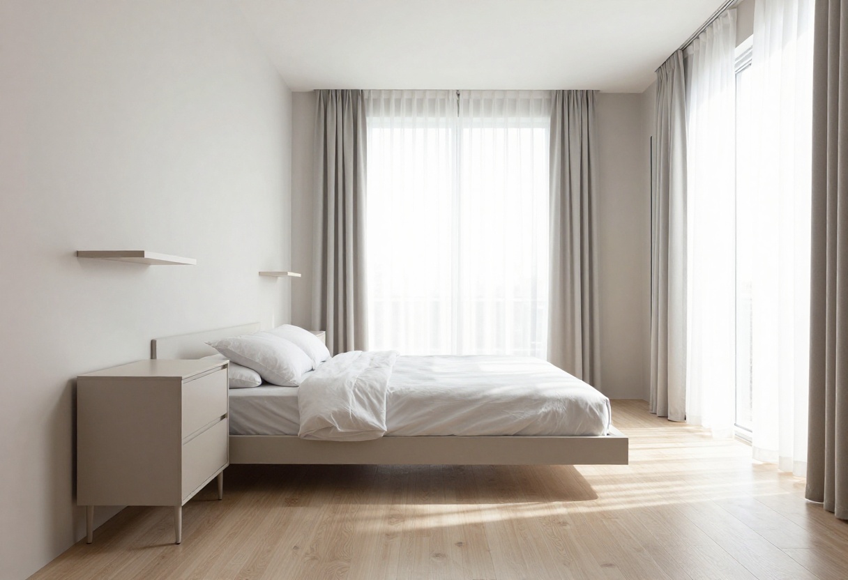 Small bedroom with floating bed, wall shelves, and clear walkway for better flow.