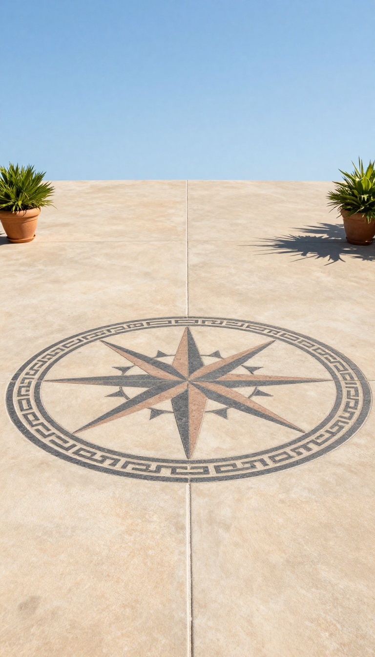 Stamped concrete patio with a decorative inlaid medallion centerpiece in a sunny backyard