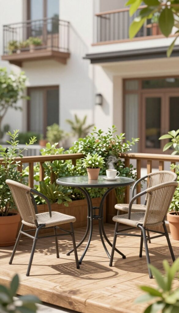 A compact bistro set with a small table and two chairs on a townhome patio, styled with a potted plant and coffee cup, in bright natural light.