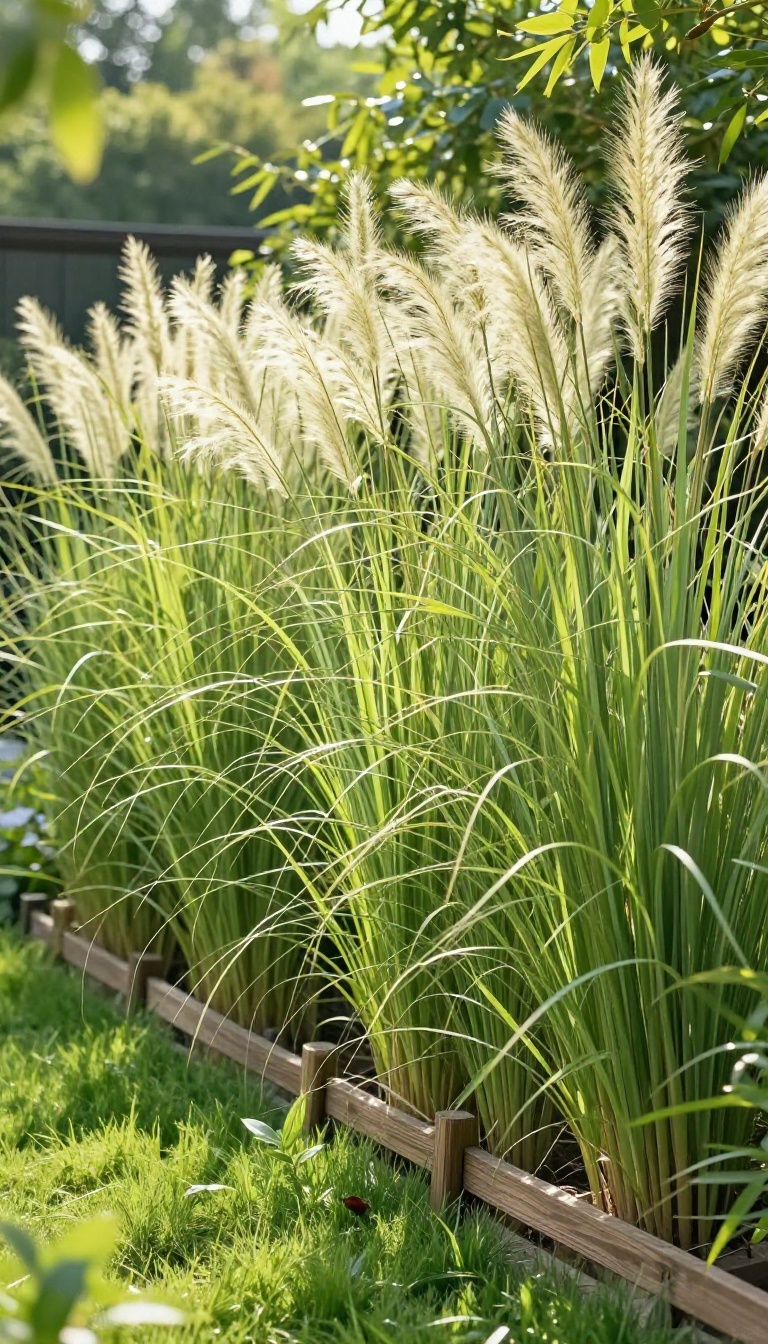 Tall ornamental grasses and clumping bamboo forming a natural privacy screen along a backyard property line in bright morning light