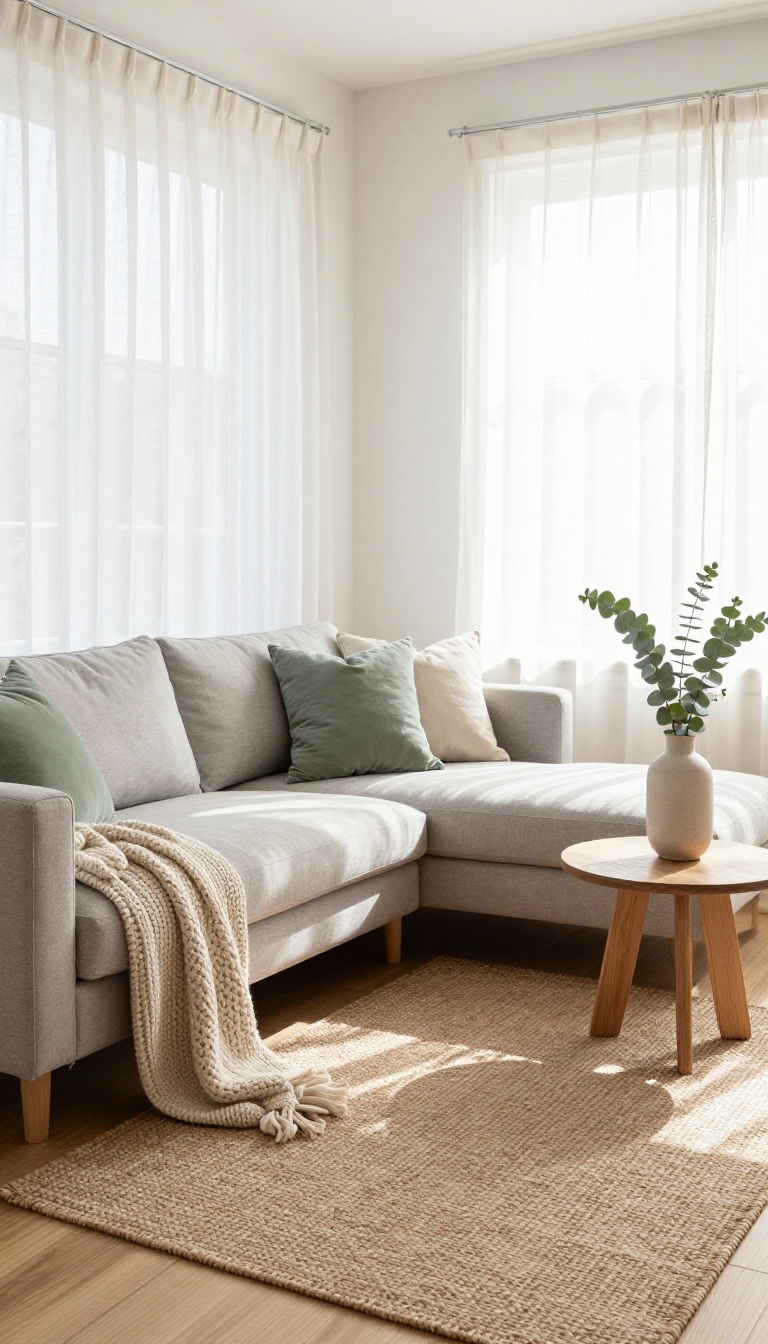 Bright small living room with a light gray loveseat and matching chaise arranged at a right angle, styled with pillows and a throw blanket