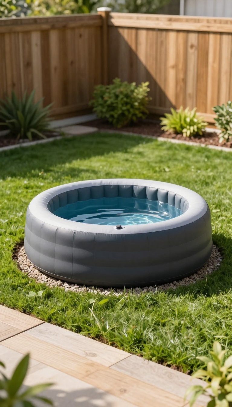 Inflatable hot tub set into a shallow dug pit in a sunny backyard lawn, creating a built-in sunken look