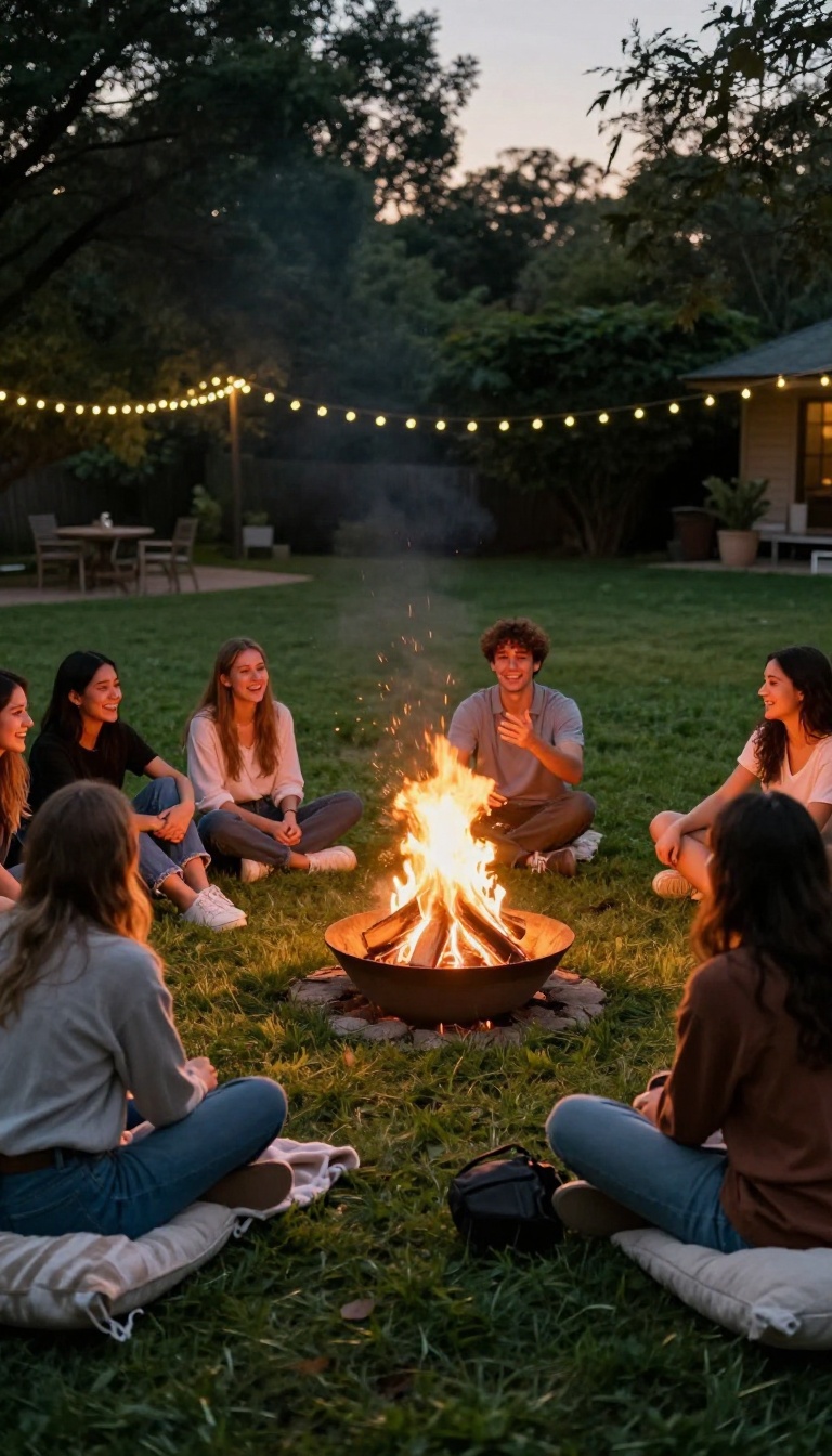 Friends sitting in a circle around a backyard bonfire at dusk, laughing and telling stories together
