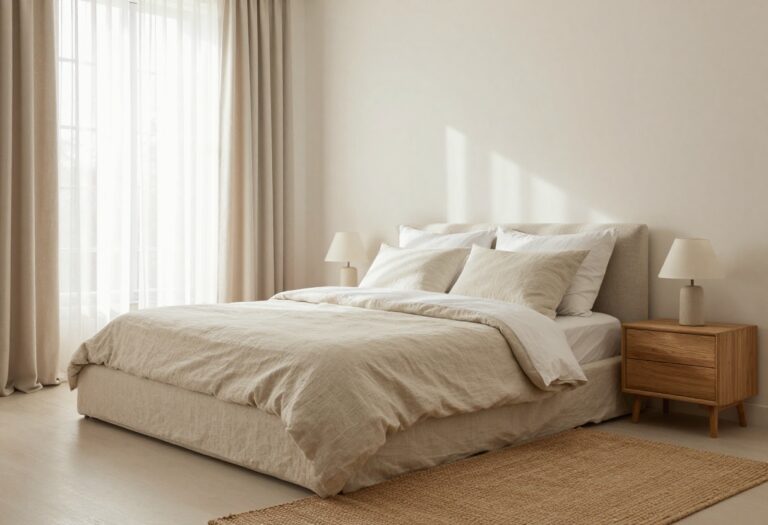 Elegant relaxed bedroom with neutral bedding, wooden nightstand, and soft natural light.