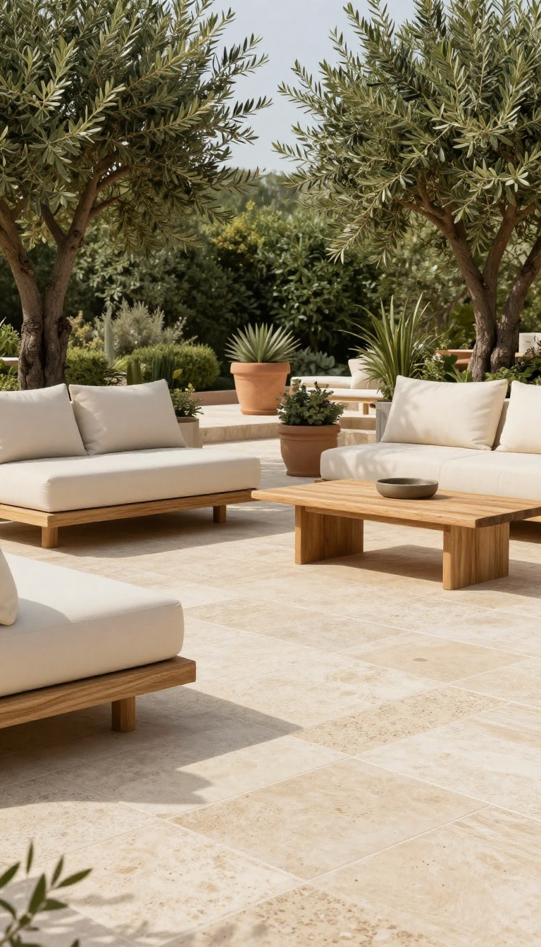 Travertine patio pavers with modern outdoor furniture and greenery