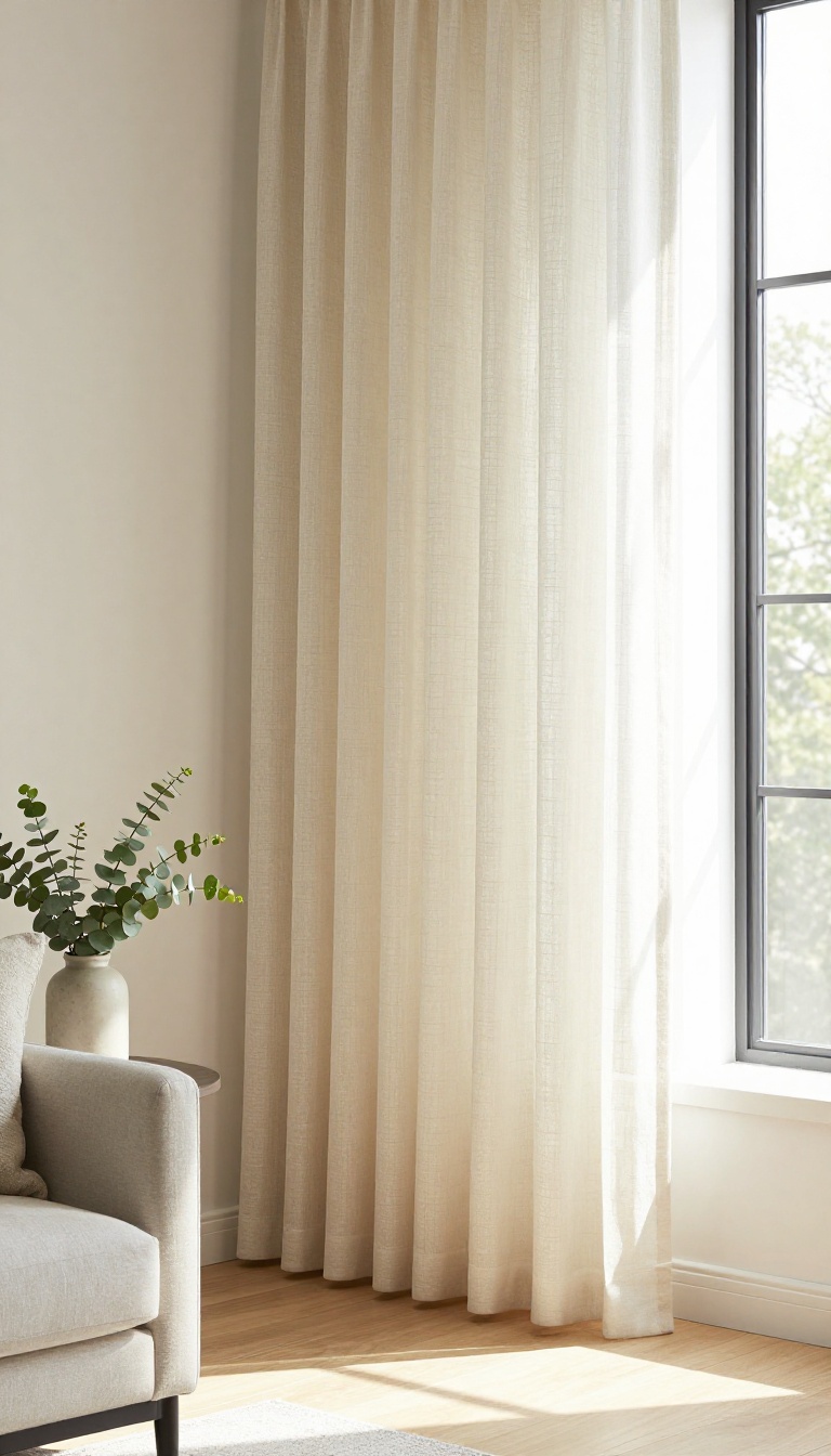 Bright living room with floor-length cream linen curtains and sheer layers hung high on a metal rod, styled with a neutral sofa and eucalyptus vase in soft natural light
