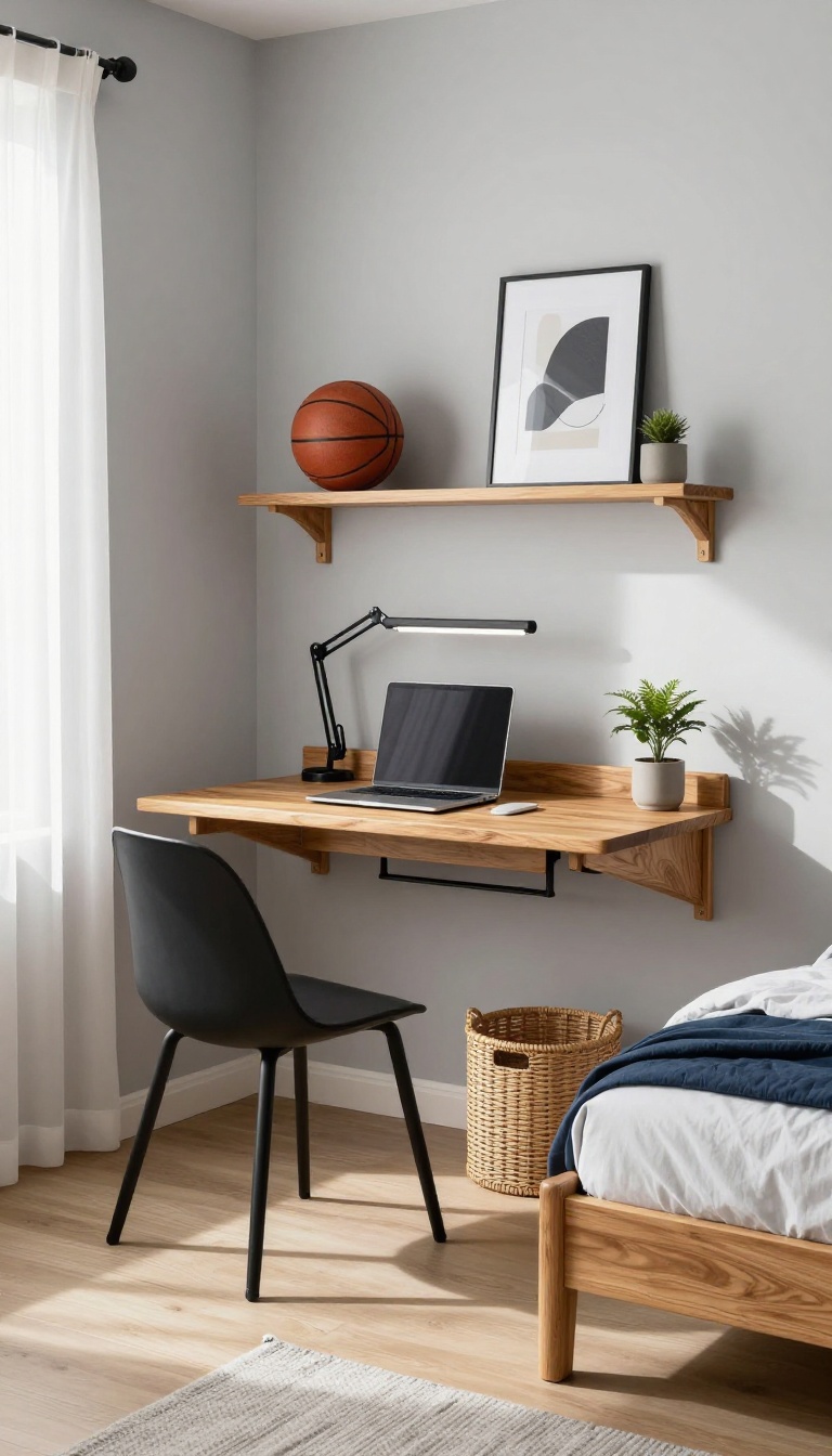 Small teen boy's bedroom with a wall-mounted floating desk for homework and gaming, open floor space underneath, and bright natural light