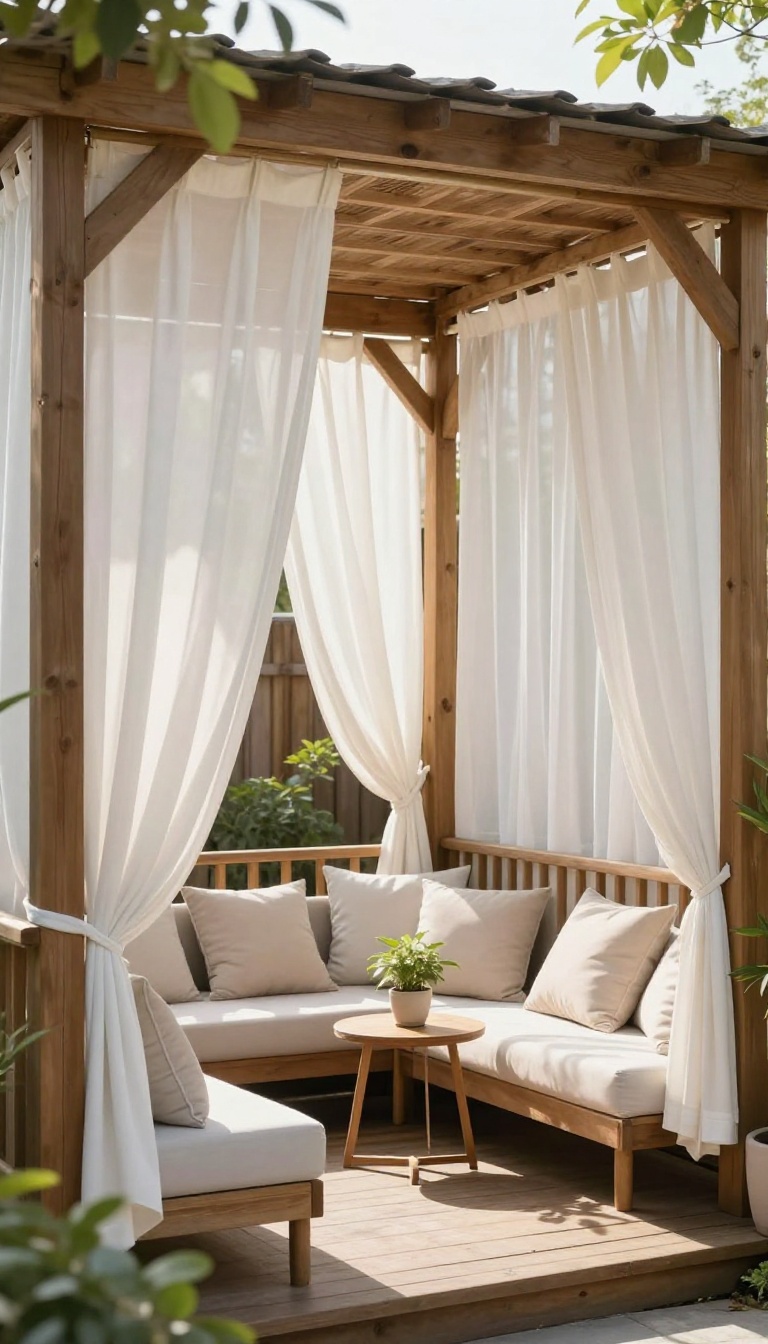 Outdoor curtains on a pergola providing patio privacy and a cozy outdoor living space