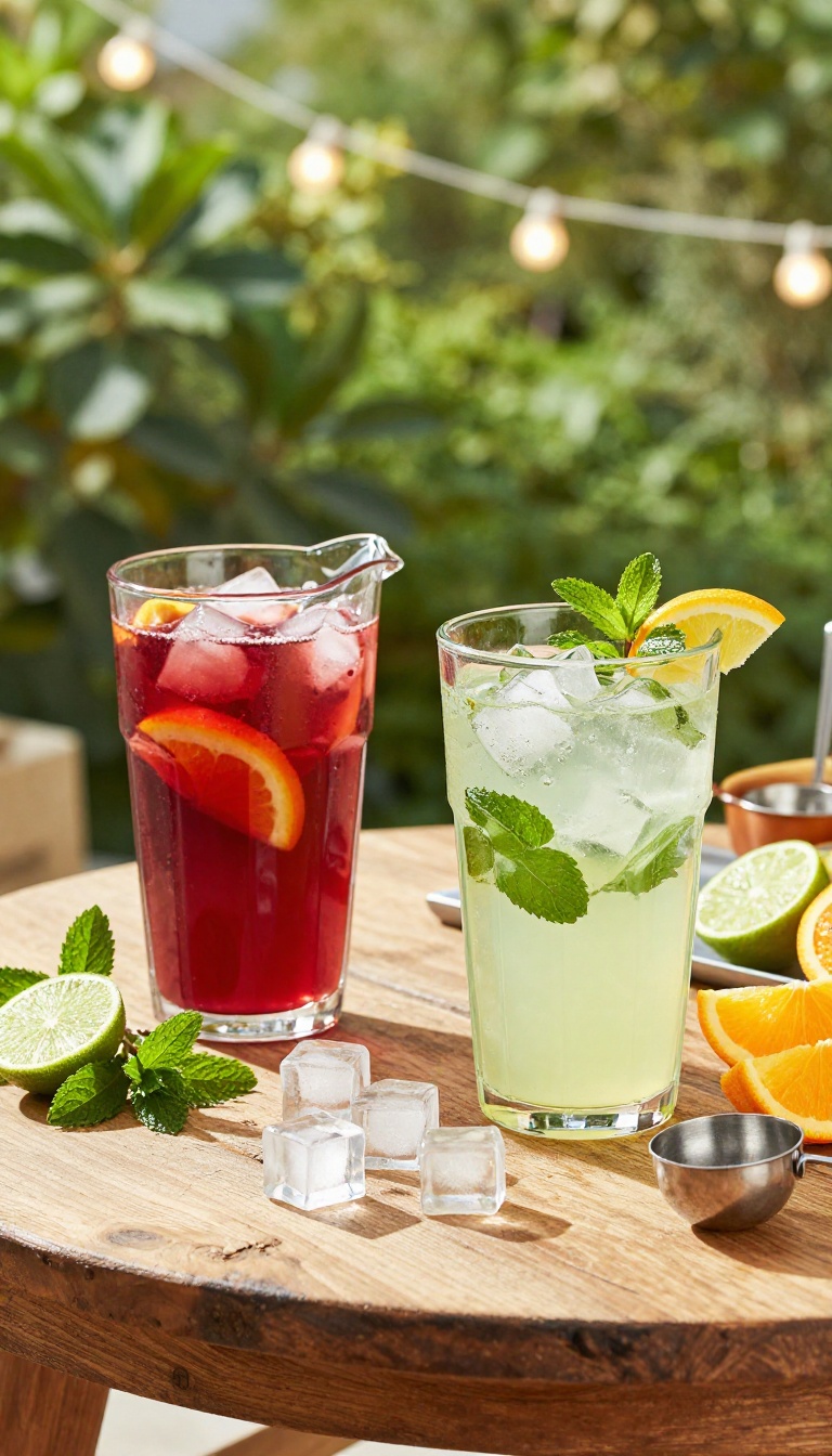 Self-serve backyard BBQ drink station with a pitcher of sangria and a pitcher of mint mocktail on a wooden table in bright natural light