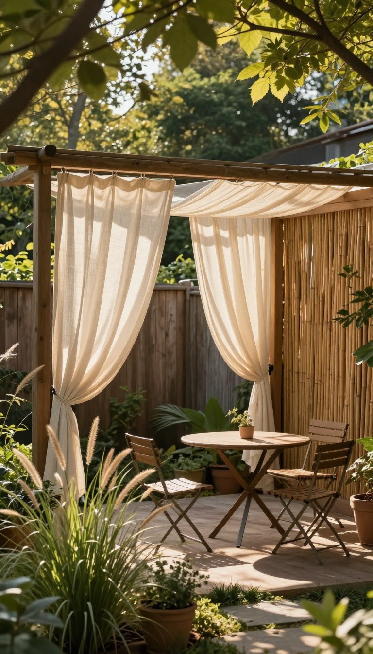 Small backyard patio softened with flowing cream outdoor curtains on a pergola and a bamboo privacy screen along the fence, with tall ornamental grasses and potted plants in warm golden light