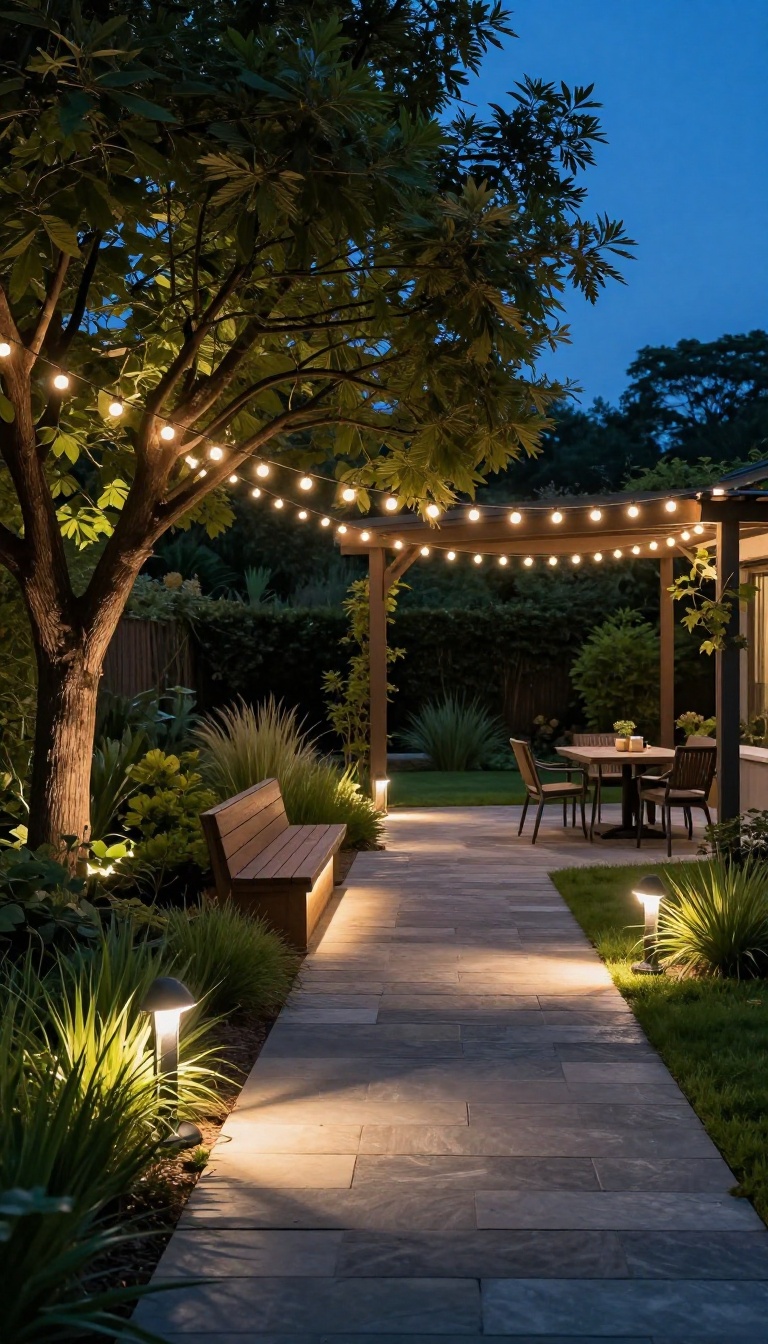 Warm layered outdoor lighting on a large backyard patio at dusk with string lights, path lights, and tree uplights