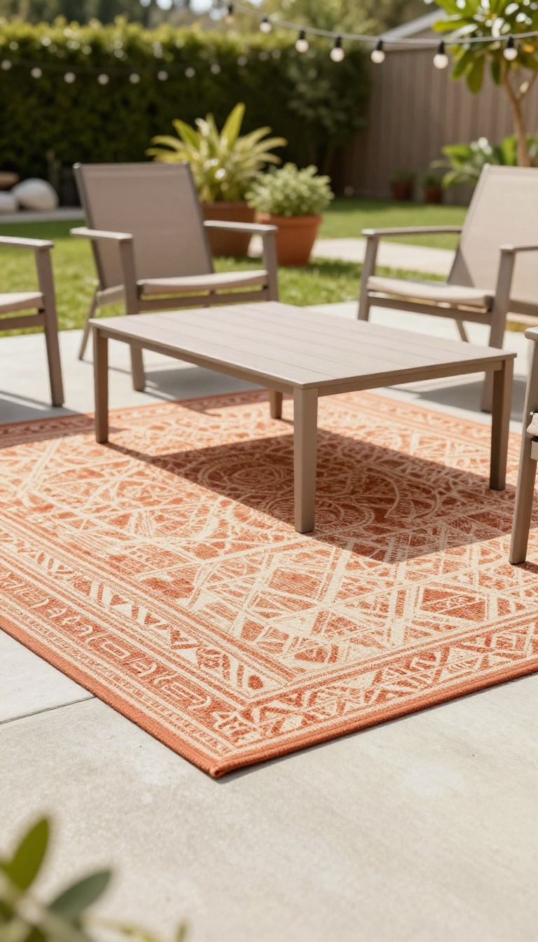 Outdoor rug defining a cozy backyard seating area with chairs and a table on a sunny patio