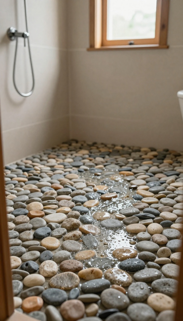 Rustic bathroom shower floor made of natural river rock pebble tiles in bright natural light