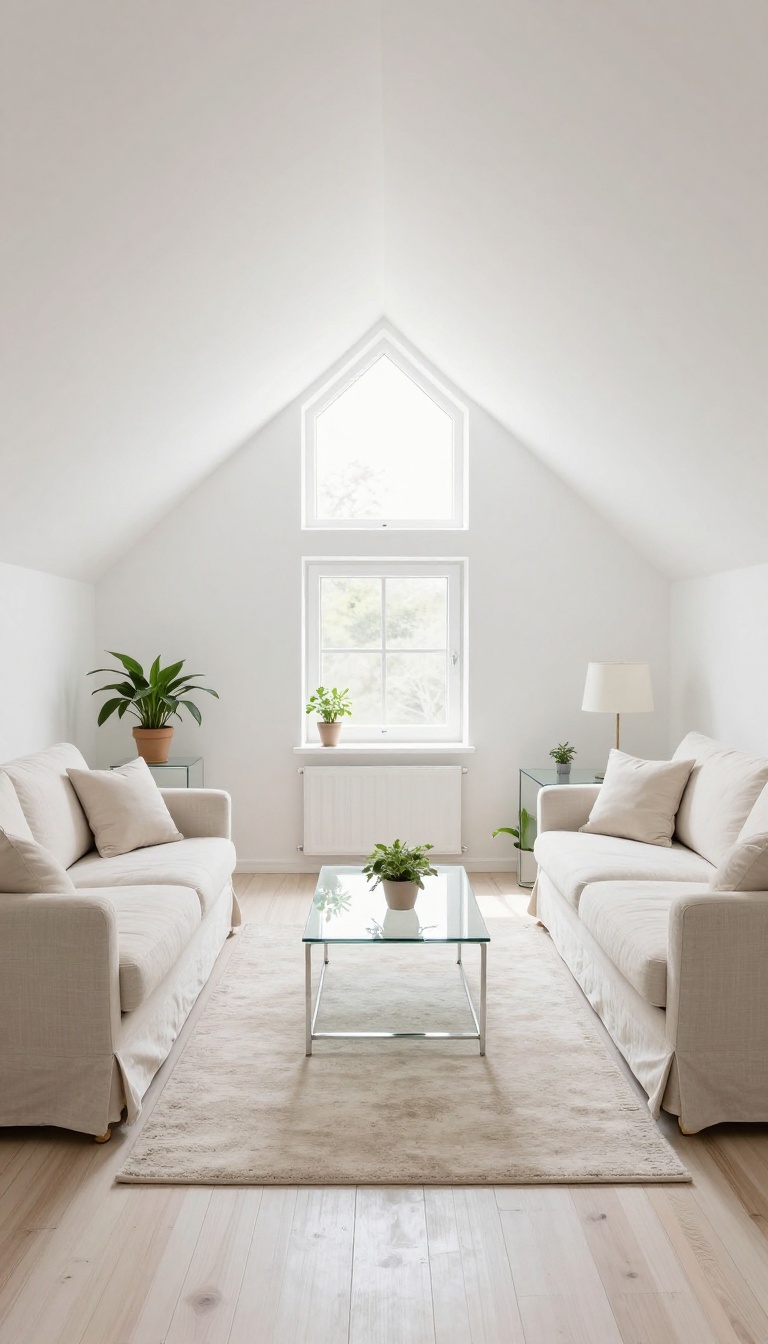 Bright attic living room with soft white walls, pale floors, and light-reflecting furniture in a light color palette