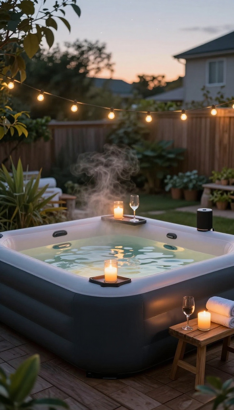 Romantic two-person inflatable hot tub on a small deck at dusk with candles, wine glasses, string lights, and rolled towels for an intimate backyard date night