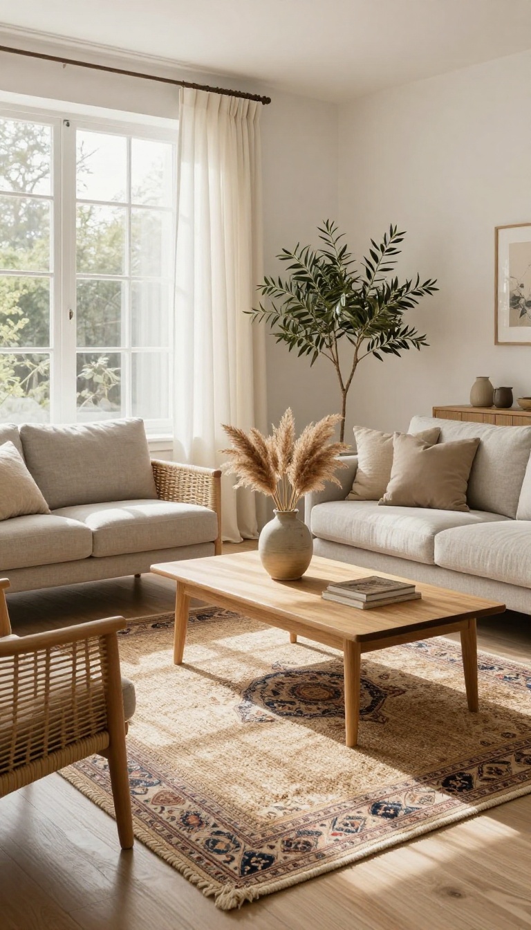 Bright living room with a large neutral jute rug layered under a smaller patterned Persian rug, styled with a light sofa and natural sunlight