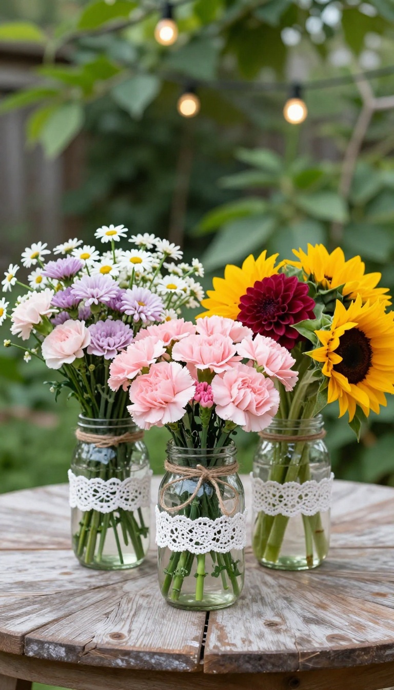 DIY engagement party centerpiece with mason jars and mixed grocery store flowers in a backyard