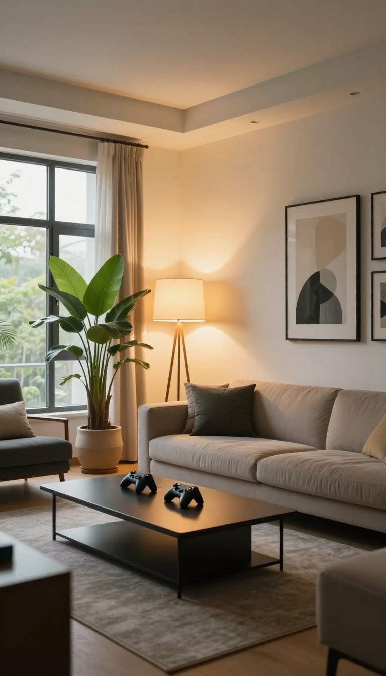 Modern living room with layered lighting from ceiling light, floor lamp, and wall sconces, creating a warm and polished atmosphere.