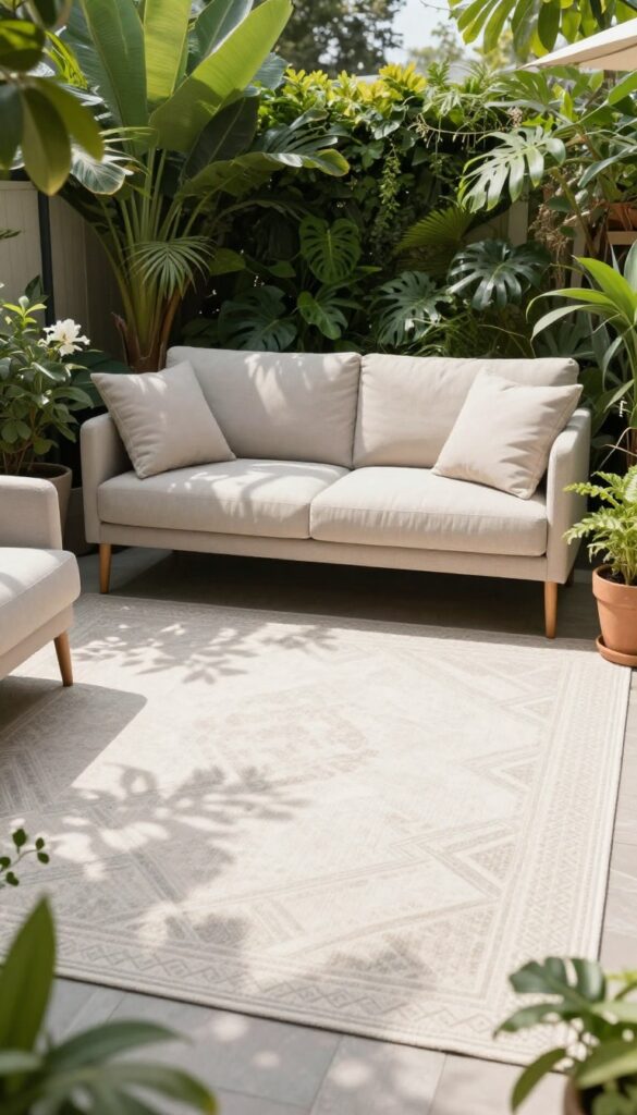 Small patio with light outdoor rug, seating area, and plants, showing how a rug defines zones and makes space feel larger.