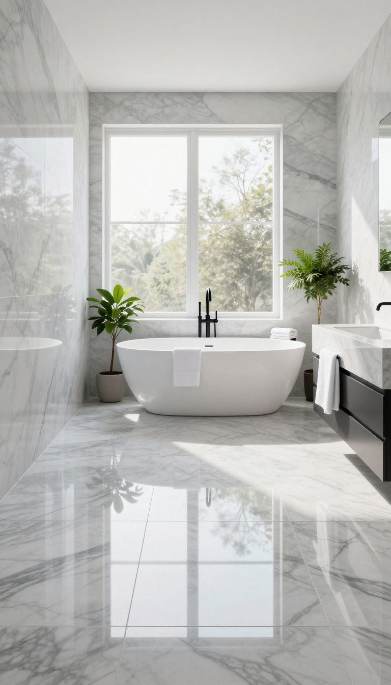 Modern bathroom with glossy marble-look porcelain floor tiles reflecting natural light