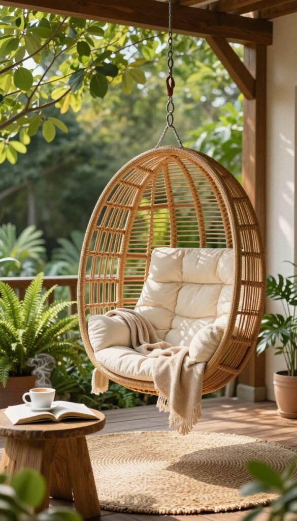 Cozy corner patio with a rattan hanging chair, plants, and warm sunlight.
