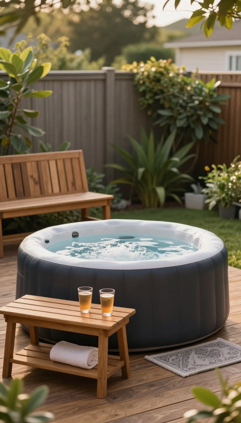 Inflatable hot tub on a backyard deck with a waterproof teak bench and small side table holding drinks and towels