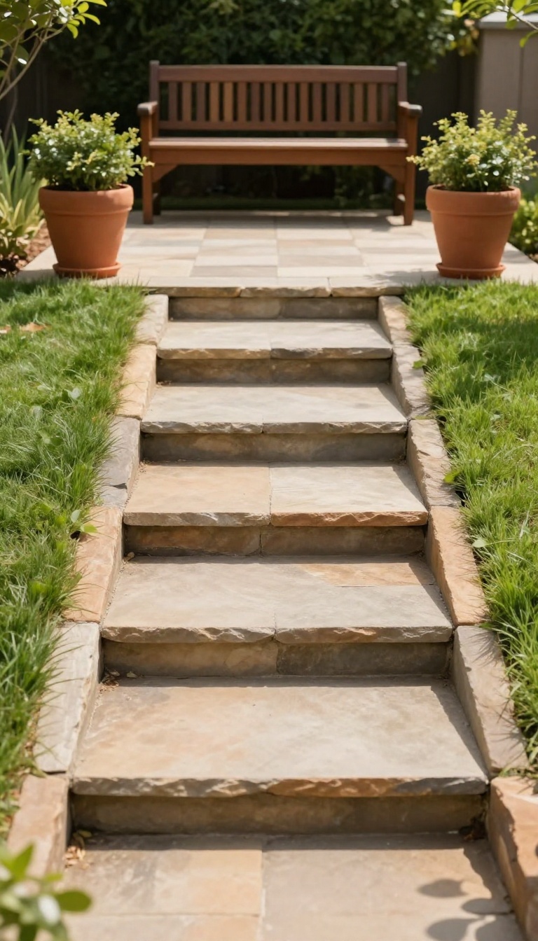 Wide paver steps and landing built into a sloped backyard lawn with a bench and potted plants