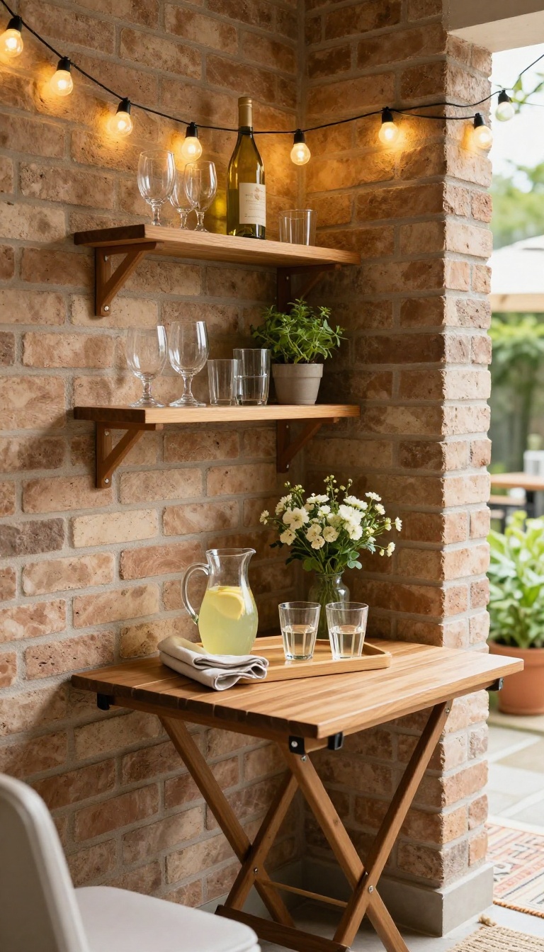 A small patio with a wall-mounted fold-down table styled as a bar and serving station, featuring shelves with glasses and bottles, string lights, and a drink tray.