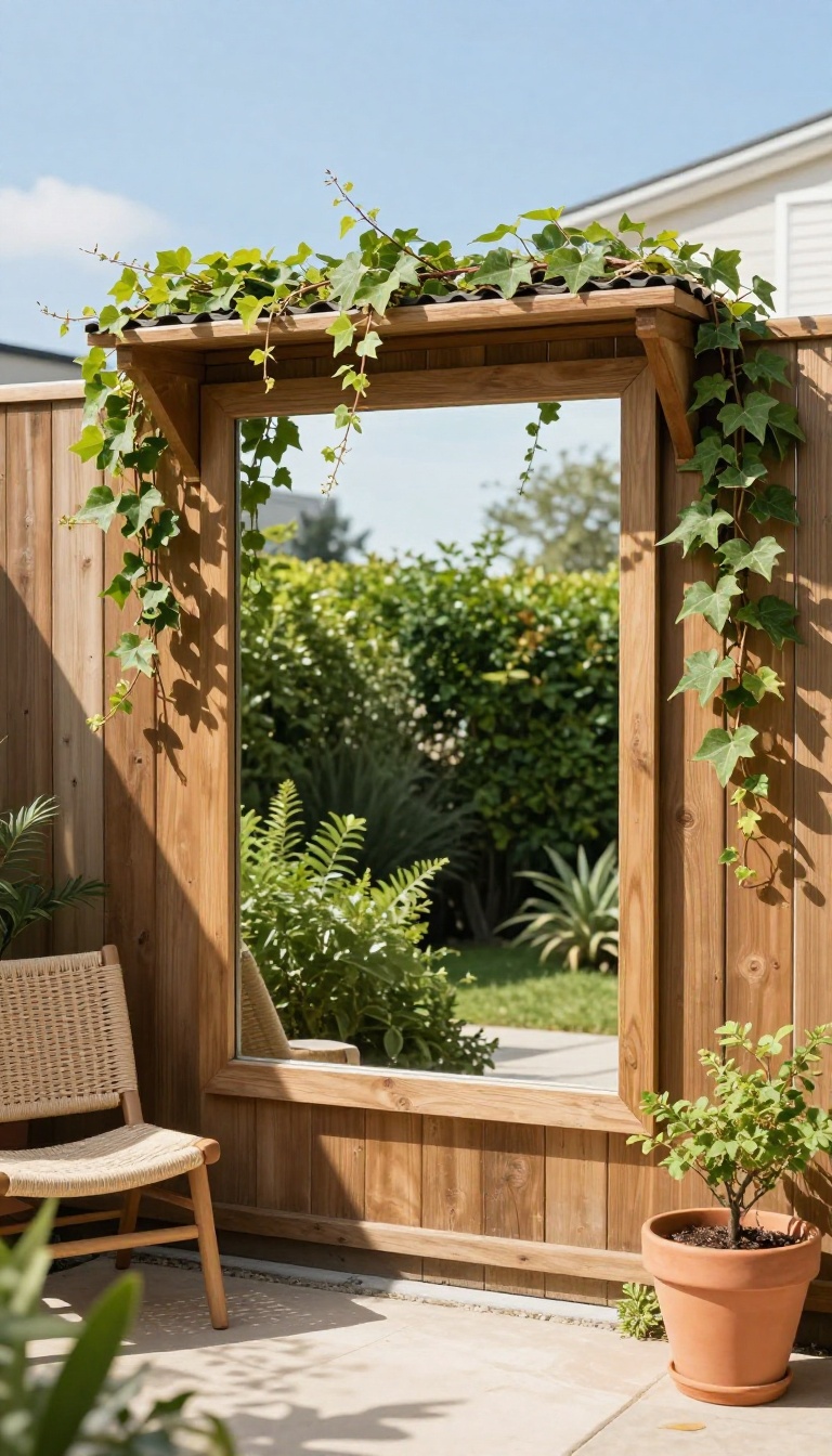 A large outdoor mirror on a wooden fence reflects greenery and sky, making a narrow backyard feel wider and brighter
