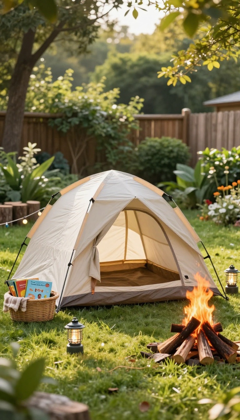 Cozy backyard camping setup with a small tent, log seats, faux campfire, lantern, and storybooks on green grass near a fence