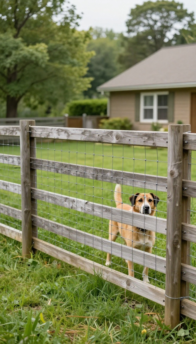 Split rail wooden fence with wire mesh installed for dog containment in a sunny backyard