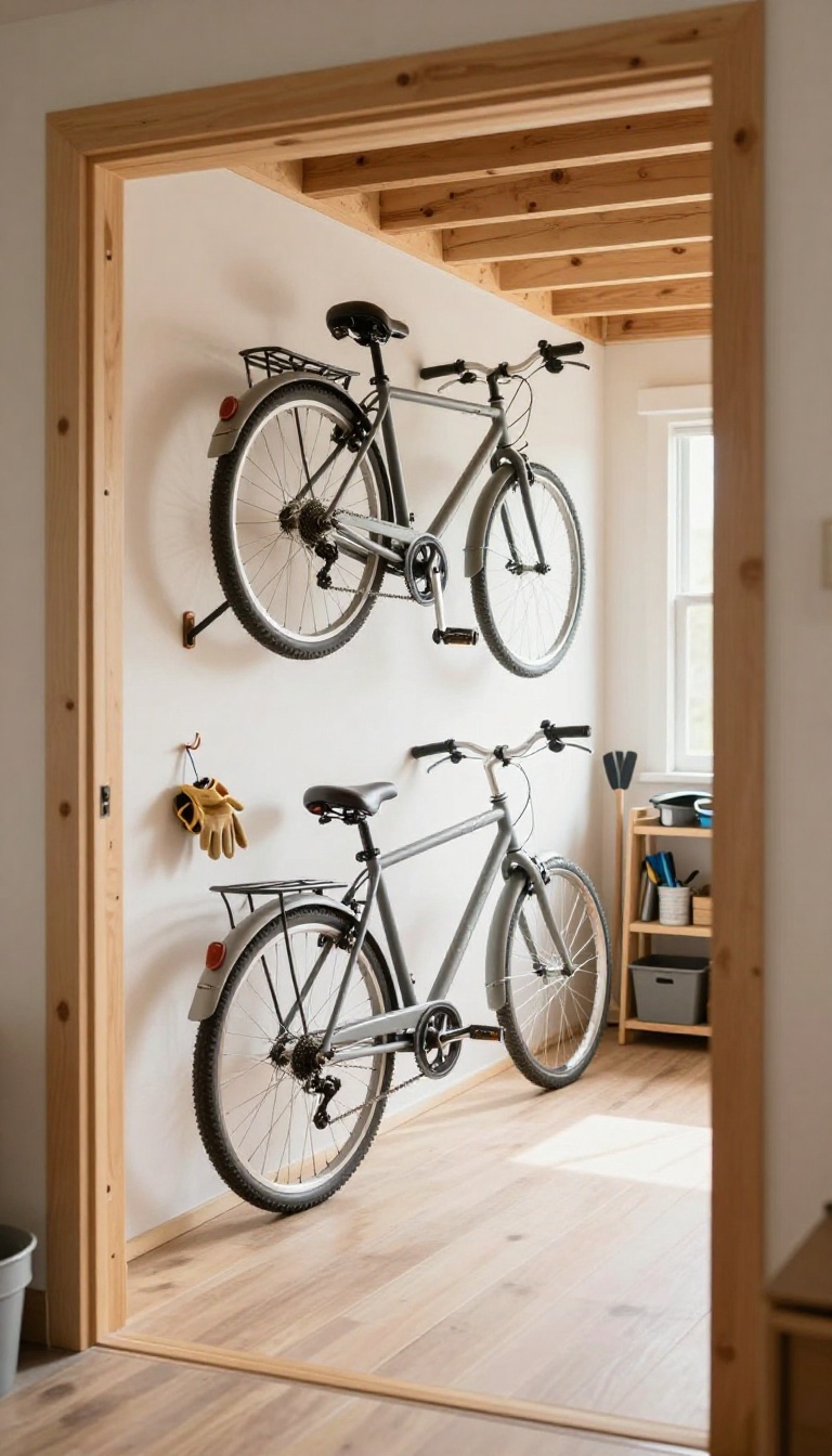 Wall-mounted bike racks holding bicycles vertically and horizontally in a bright, organized backyard shed with clear floor space