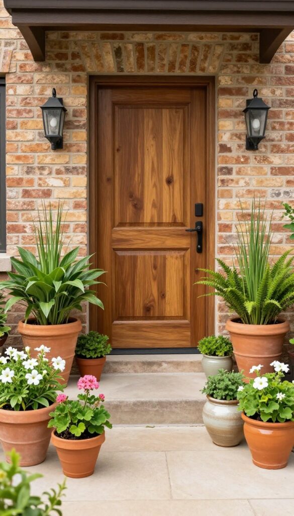 A front patio with a cluster of potted plants in varied containers creating a lush, layered entryway.