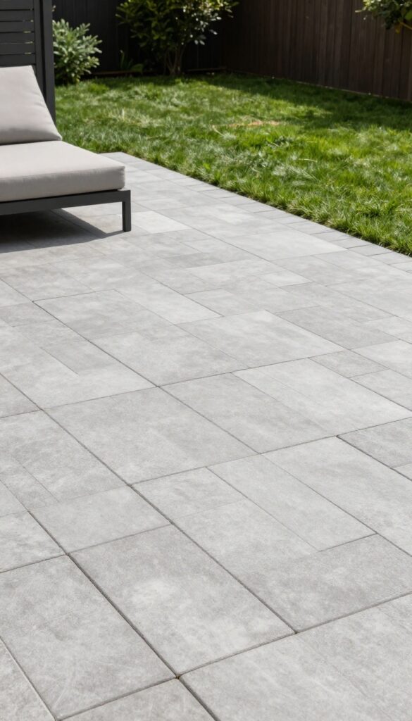 A modern patio with a simple running bond paver pattern in gray, surrounded by green grass, with an outdoor chair in the corner.