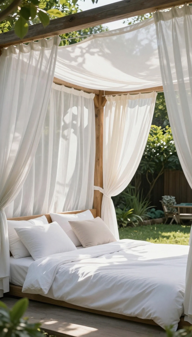 Cozy backyard gazebo with a cushioned daybed and sheer canopy curtains draped from the ceiling beams