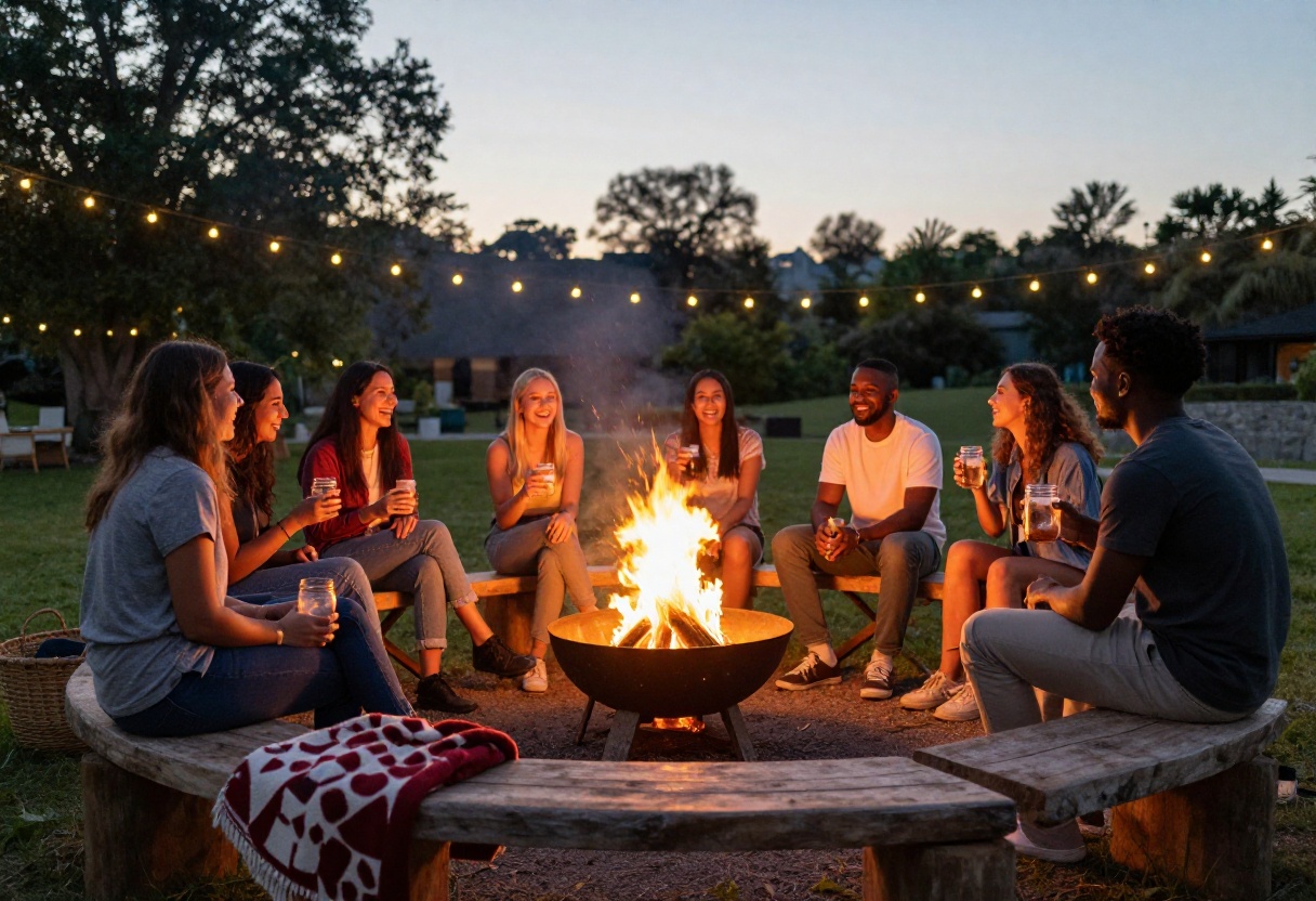 Friends gathered around a backyard bonfire with string lights and cozy seating at dusk
